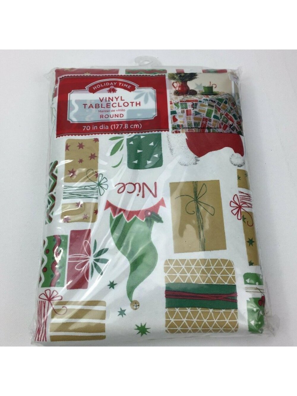 Holiday Time Vinyl Tablecloth Round 70" Diameter Festive Christmas Design